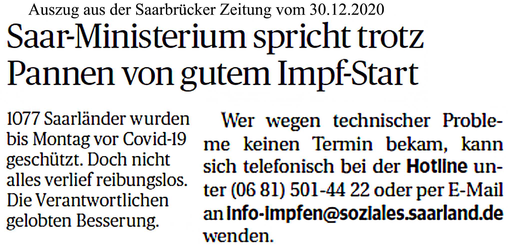 Info über Impf-Start in Saarbrücker Zeitung vom 30.12.2020